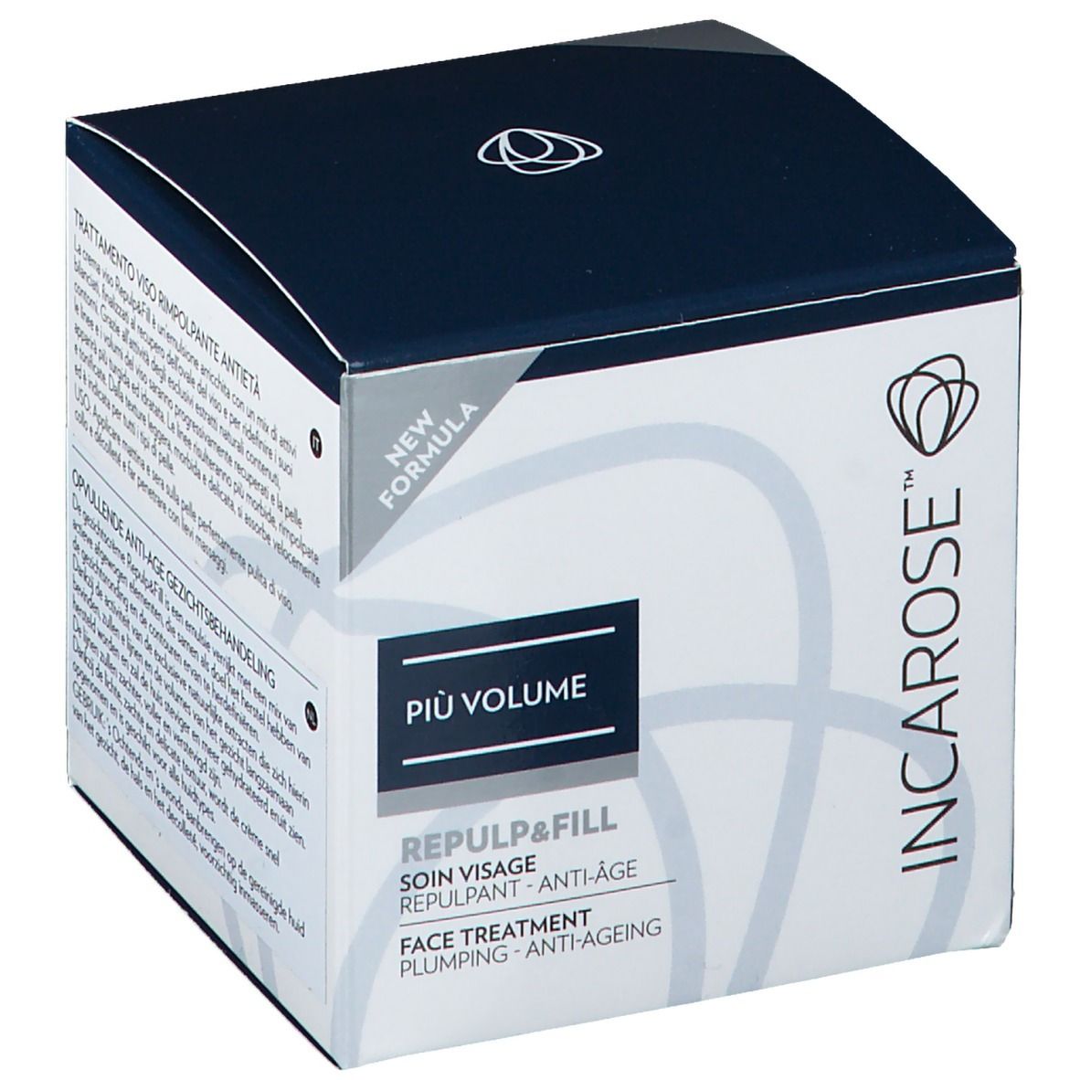 Boîte avec textes. Couvercle noir, corps blanc. Logo et nom du produit: PIÙ VOLUME, REPLUP & FILL, anti-âge.