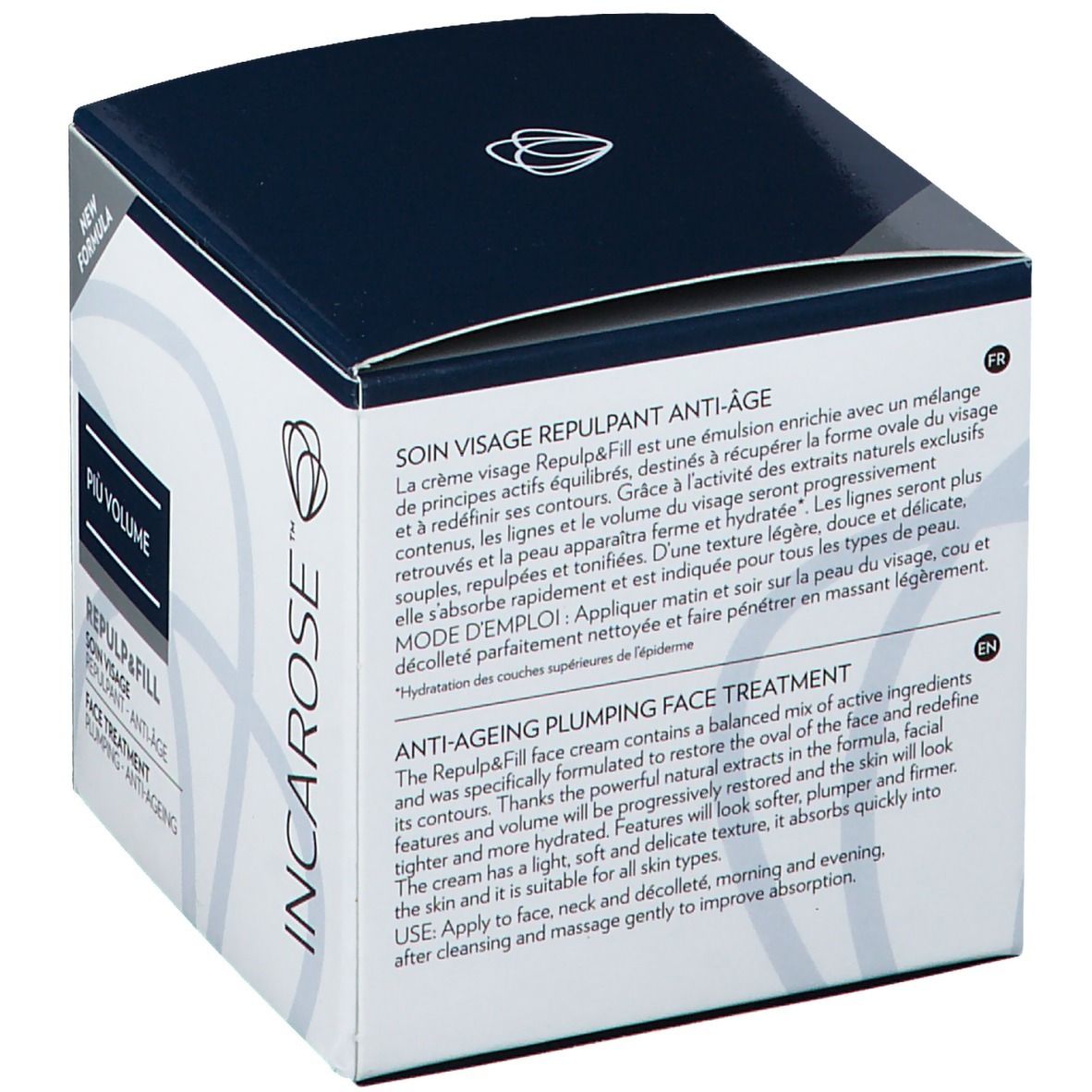 Boîte, vue en biais. Couvercle noir, corps blanc. Texte du produit en français et en anglais. Logo et nom du produit.