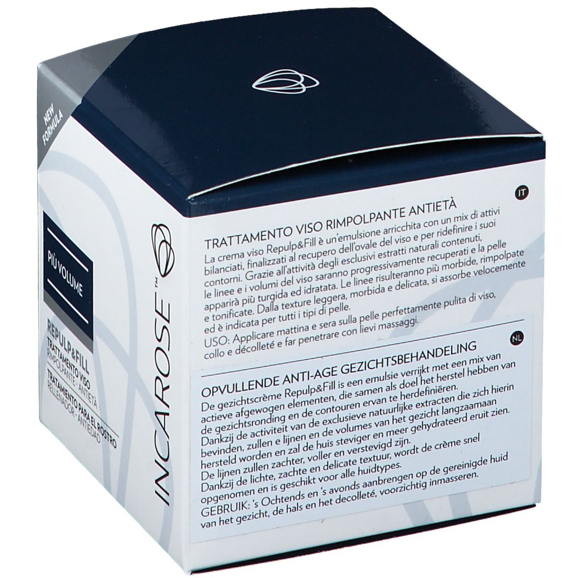 Boîte, vue en biais. Couvercle noir, corps blanc. Texte du produit en plusieurs langues. Logo et nom du produit.
