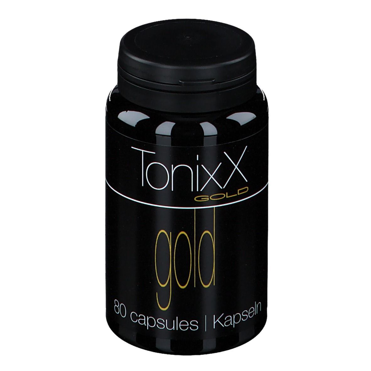 Flacon noir avec bouchon noir. Inscription: Tonixx Gold, 80 capsules. Texte doré sur fond noir.