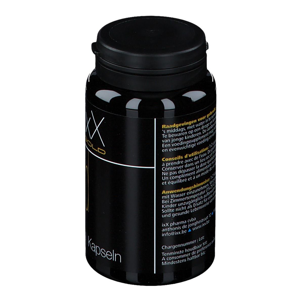 Flacon noir avec bouchon noir. Inscription: Tonixx Gold. Texte et informations sur l'étiquette.