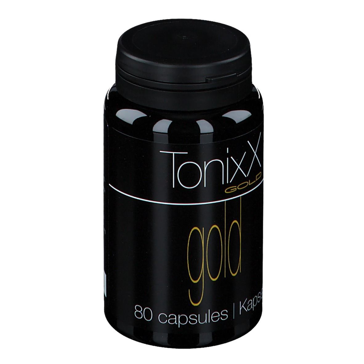 Flacon noir avec bouchon noir. Inscription: Tonixx Gold, 80 capsules. Texte doré sur fond noir.