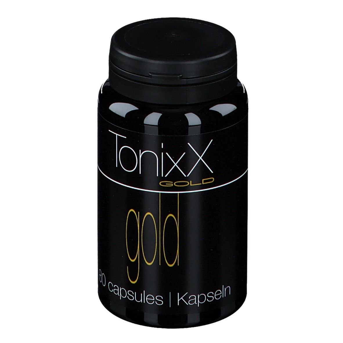 Flacon noir avec bouchon noir. Inscription: Tonixx Gold, 80 capsules. Texte doré sur fond noir.