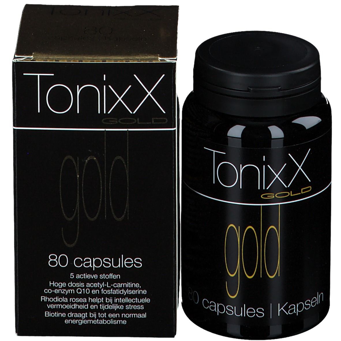 Flacon et boîte noirs. Inscription: Tonixx Gold, 80 capsules. Informations supplémentaires sur la boîte.