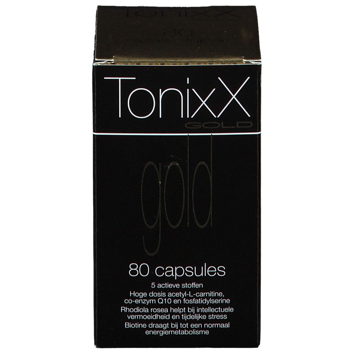 Boîte noire. Inscription: Tonixx Gold, 80 capsules. Informations supplémentaires sur la boîte.