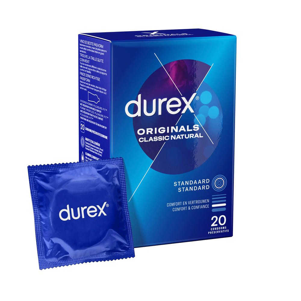 Boîte bleue et sachet Durex®. 20 préservatifs. Bleu.