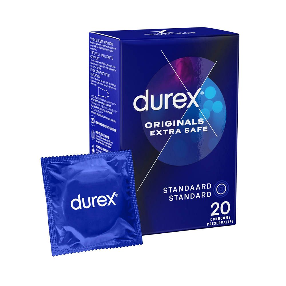 Boîte de préservatifs Durex Originals Extra Safe, 20 unités. Emballage bleu Maxi Pack.