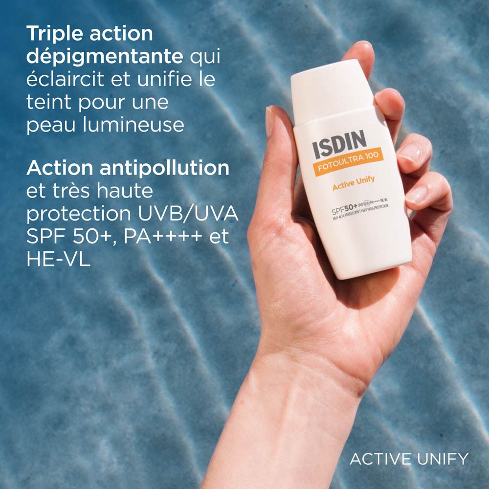 Flacon sur surface blanche. ISDIN, FOTOUTRA 100, ACTIVE UNIFY, SPF50+. Texte : DP Complex, Vitamine E.