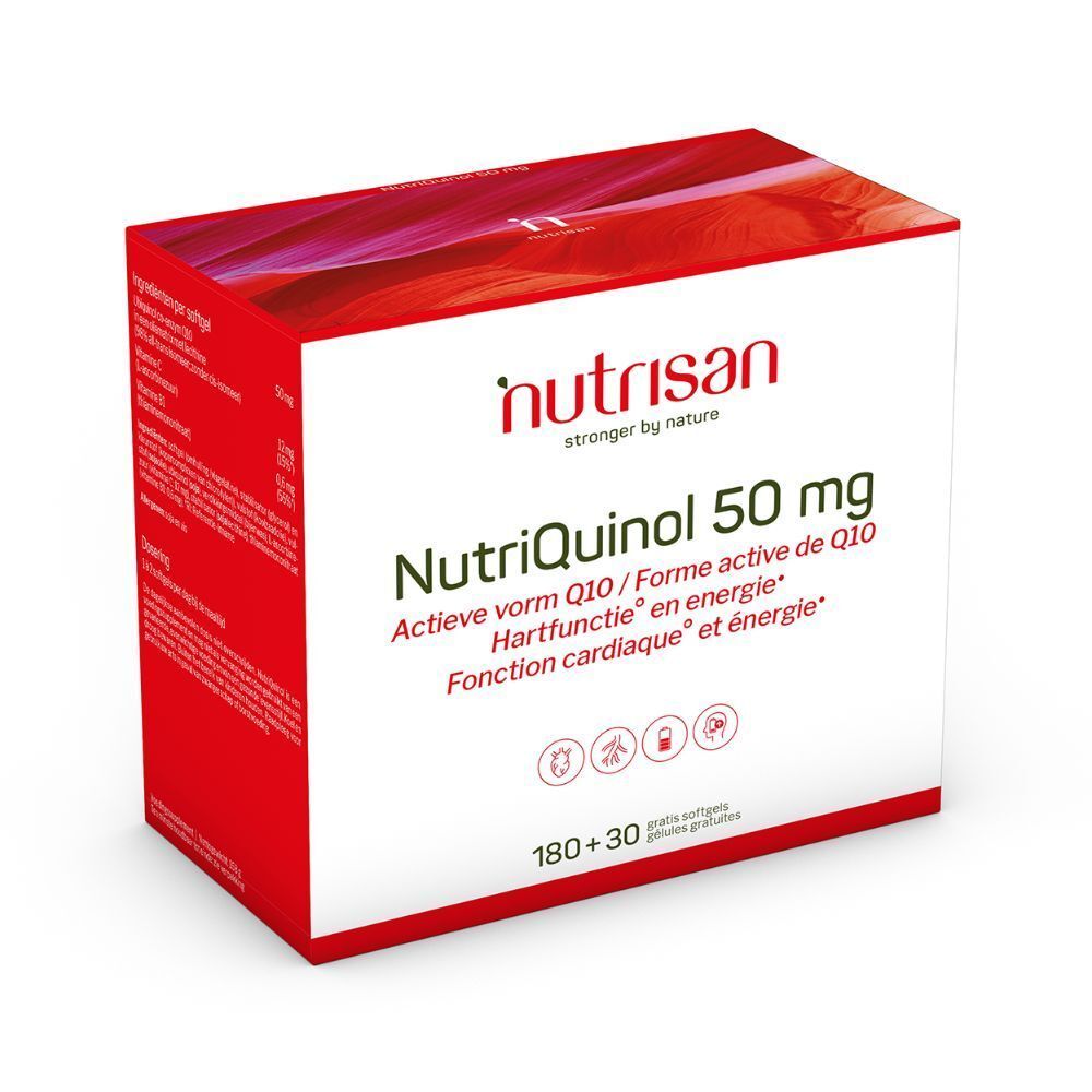 Boîte rouge Nutrisan NutriQunol 50mg. Contient 180+30 gélules. Inscription: Actieve vorm Q10, Hartfunctie en energie, Fonction cardiaque et énergie.