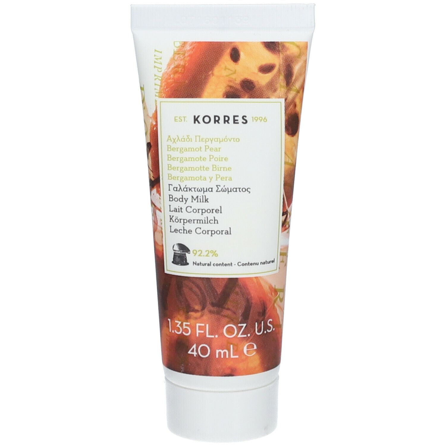 Tube de lotion KORRES®. Inscriptions et illustration de poire bergamote. Contenance : 40 ml.