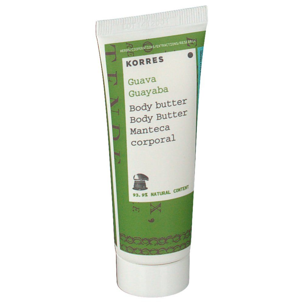 Tube de beurre corporel KORRES® Guave, face avant, texte multilingue.