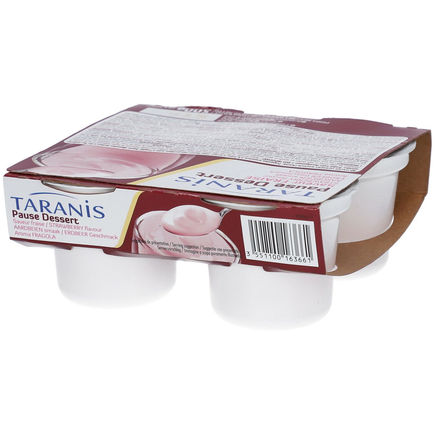 Emballage de quatre desserts blancs. Inscription: TARANIS Pause Dessert saveur fraise. Emballage en carton.