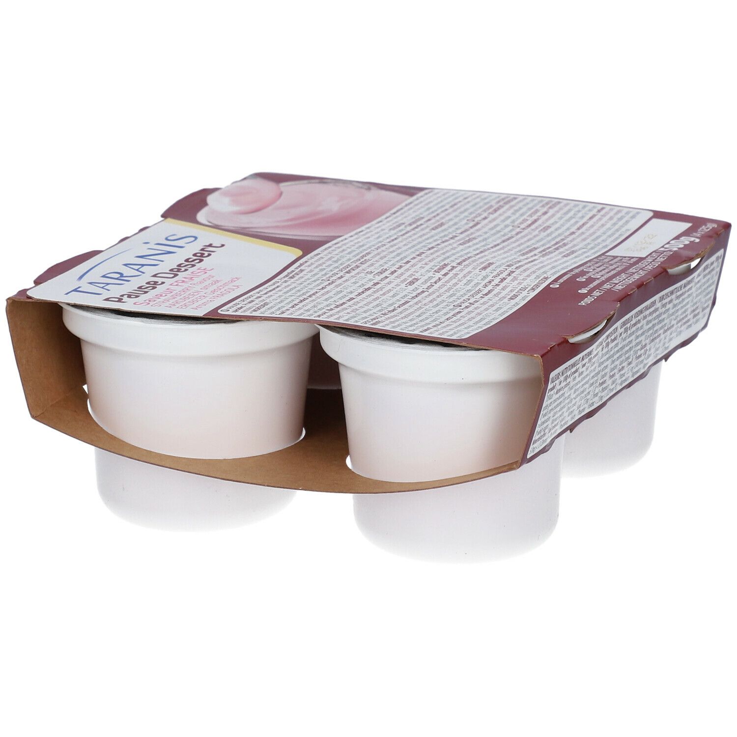 Emballage de quatre desserts blancs. Inscription: TARANIS Pause Dessert saveur fraise. Emballage en carton.