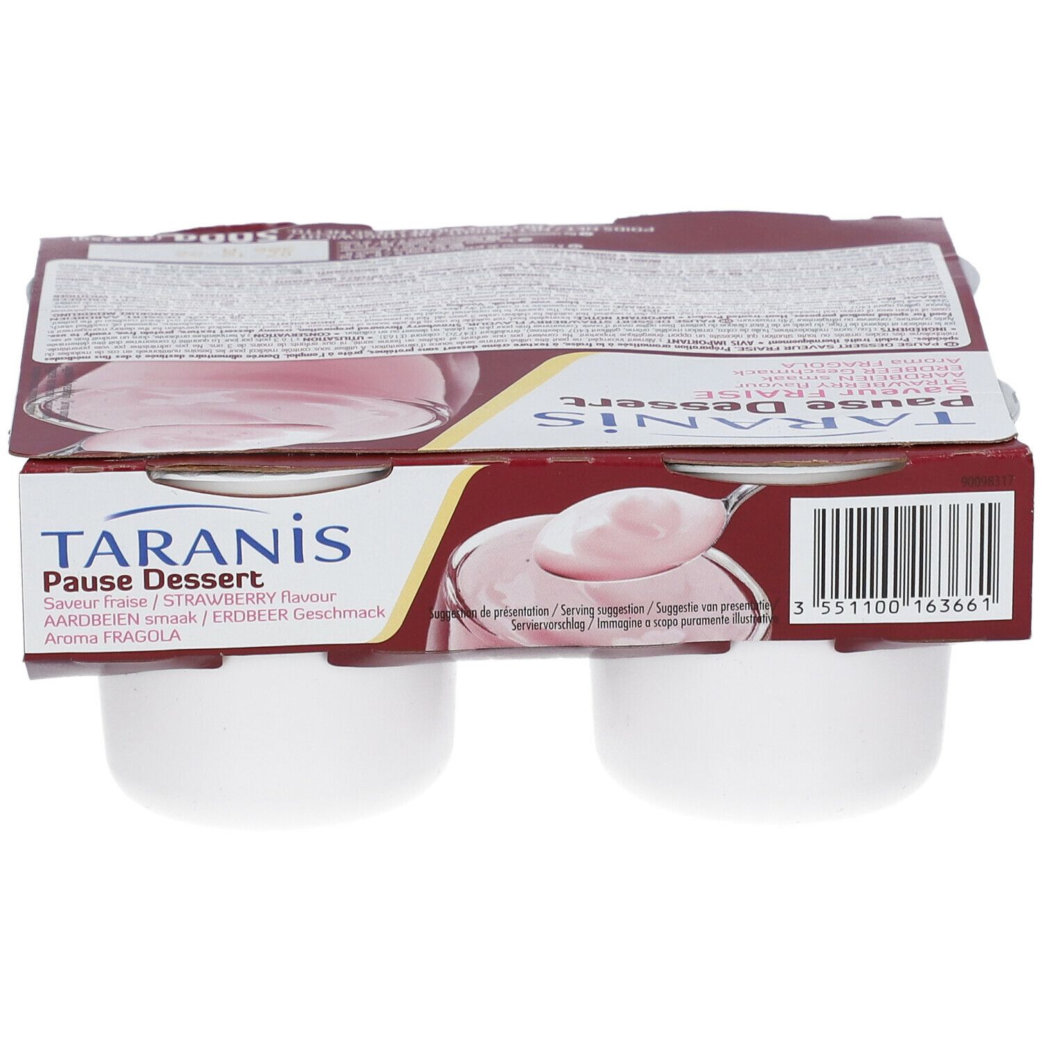 Emballage de quatre desserts blancs. Inscription: TARANIS Pause Dessert saveur fraise. Emballage en carton.