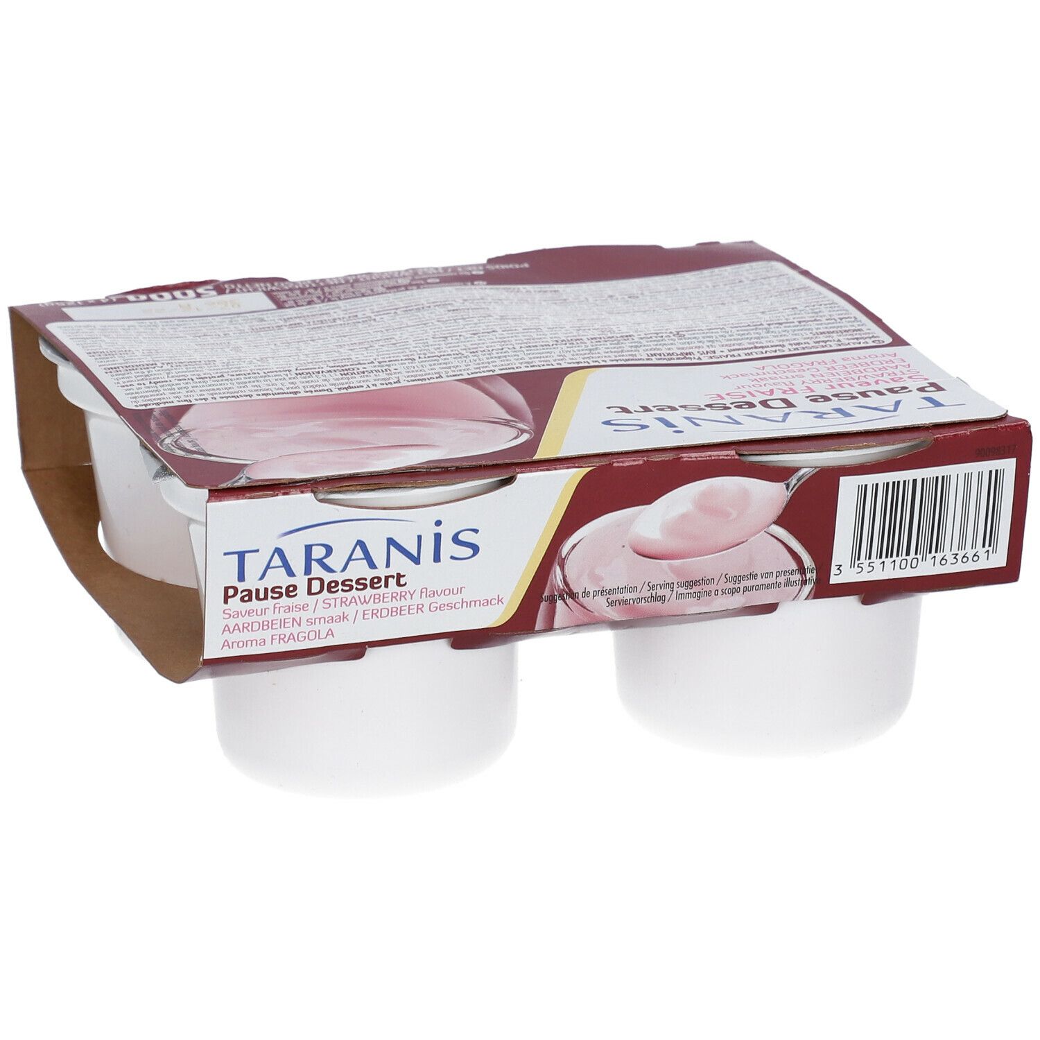 Emballage de quatre desserts blancs. Inscription: TARANIS Pause Dessert saveur fraise. Emballage en carton.
