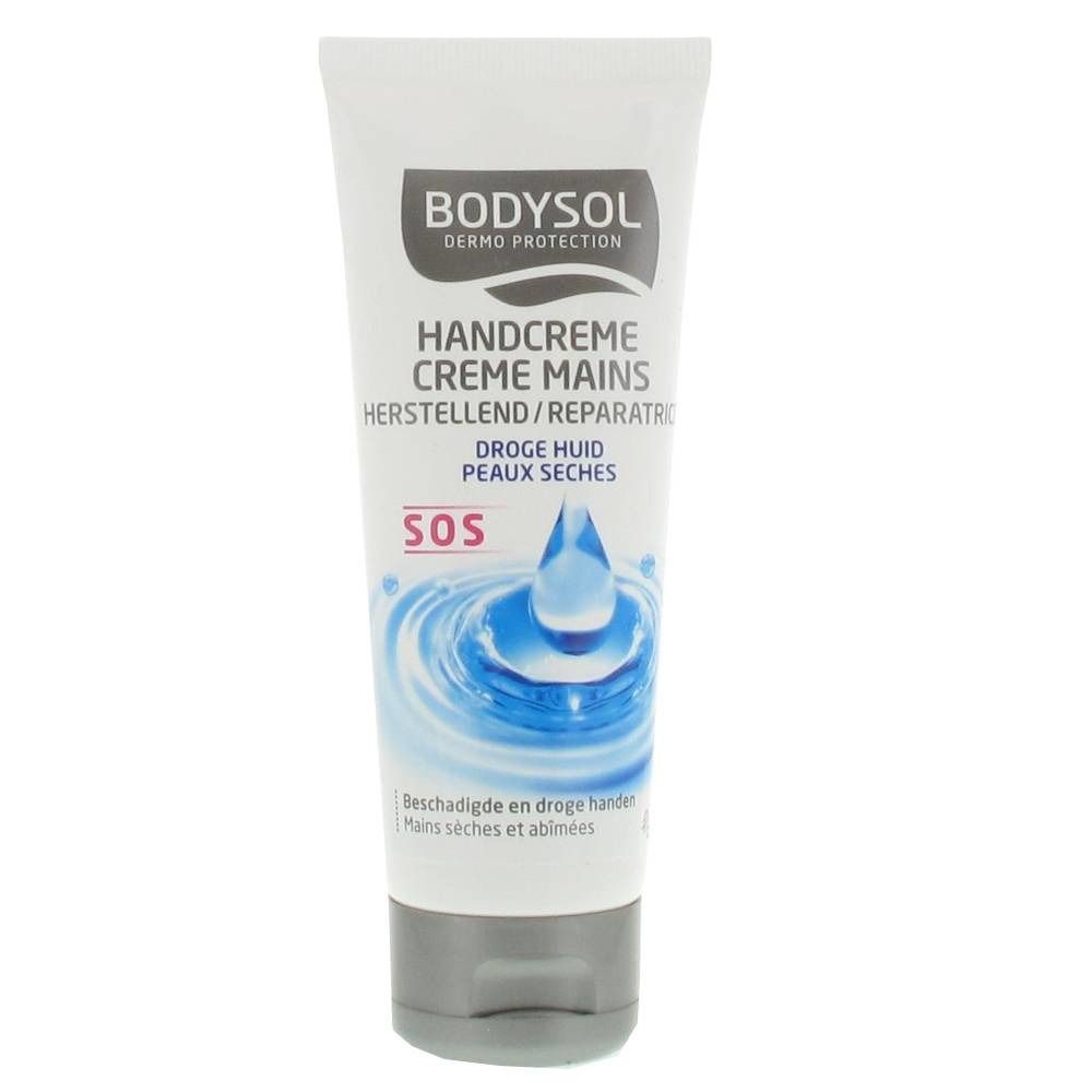 Tube blanc de crème pour les mains Bodysol. Texte: Handcreme, Creme Mains, Droge Huid Peaux Seches, SOS. Bouchon gris, graphique d'eau bleue.