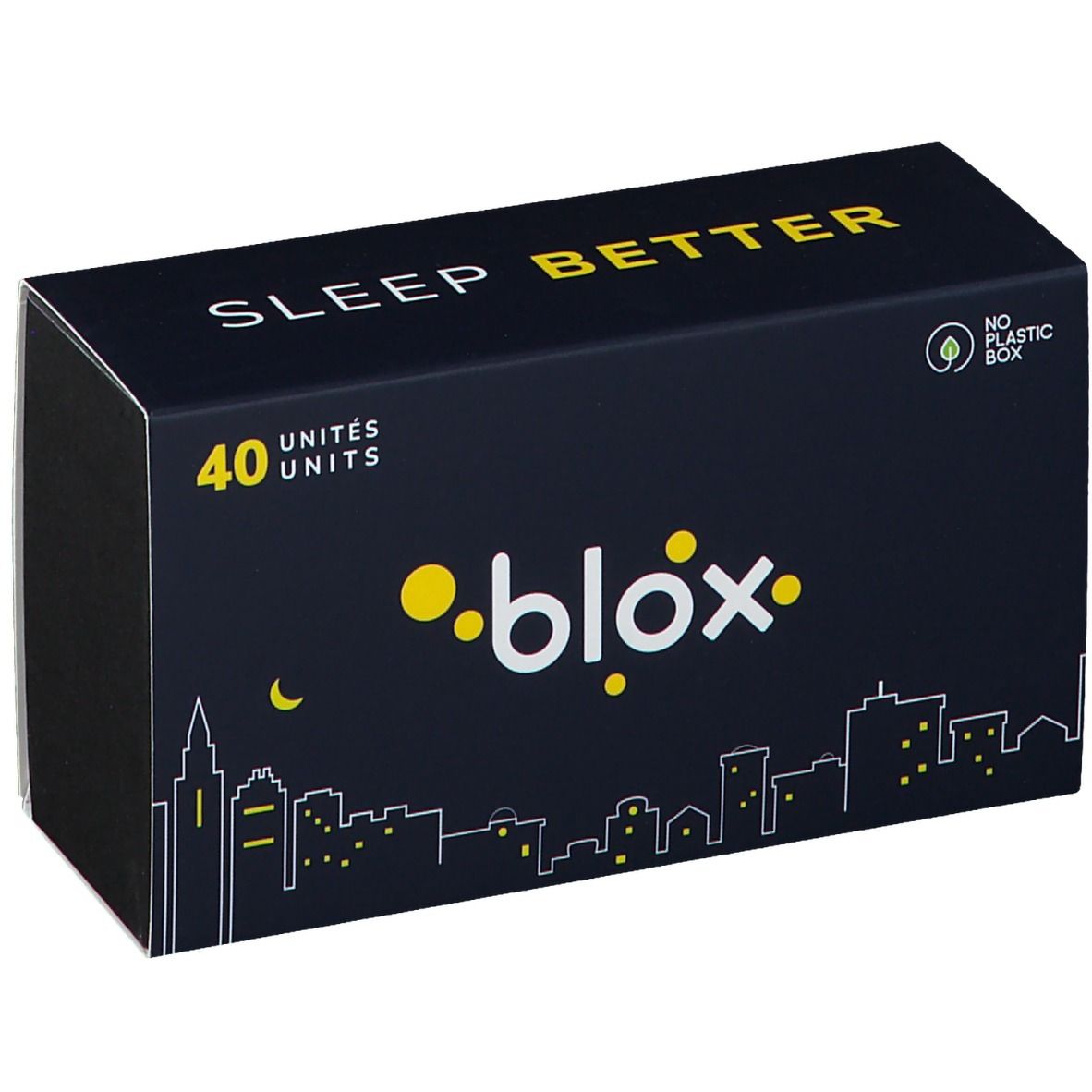 Boîte bleue nuit avec texte jaune "SLEEP BETTER" et "40 UNITES". Logo "blox" et silhouette de ville.