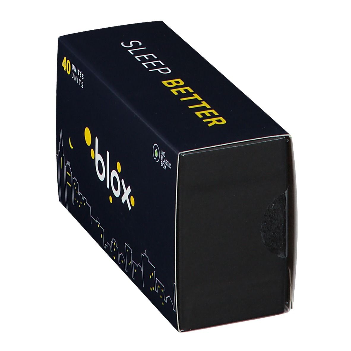 Boîte bleue nuit avec texte jaune "SLEEP BETTER" et "40 UNITES". Logo "blox" et silhouette de ville.