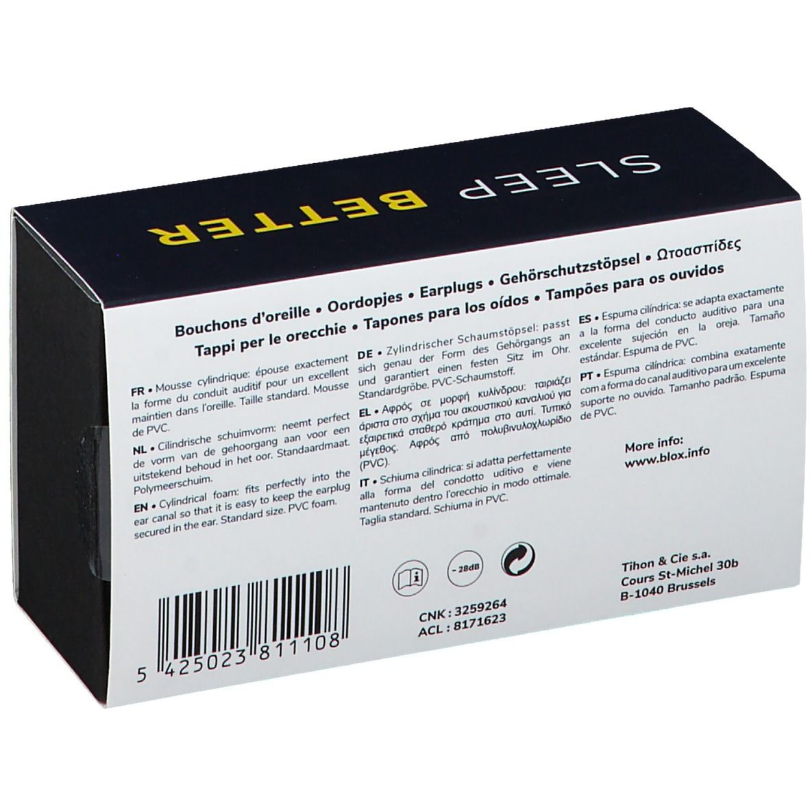 Dos de la boîte avec texte multilingue. Contient des informations sur les ingrédients et le fabricant.