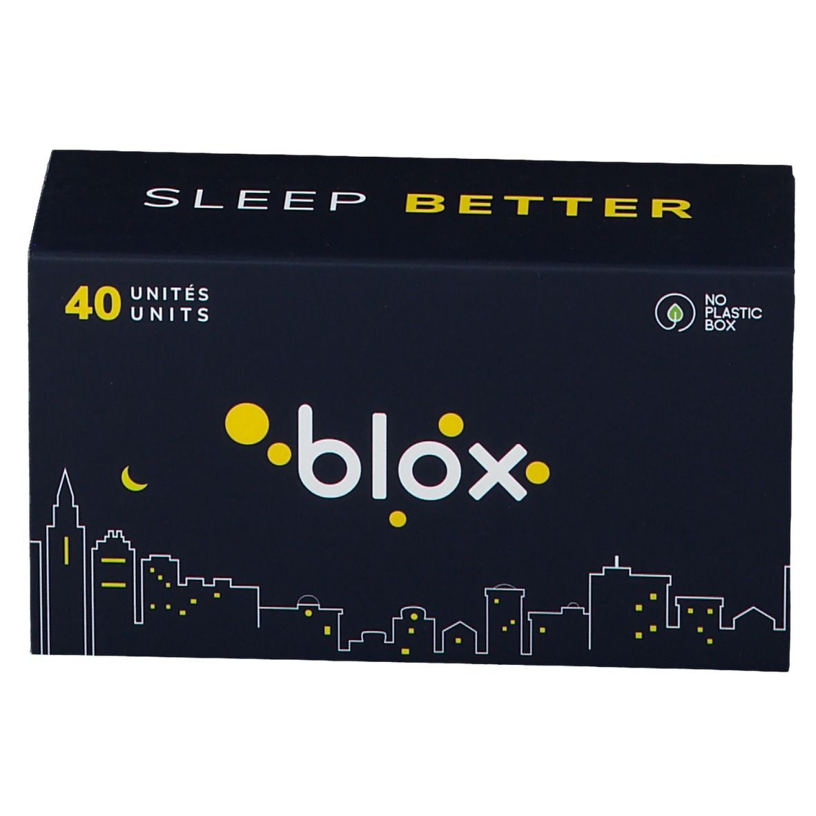 Boîte bleue nuit avec texte jaune "SLEEP BETTER" et "40 UNITES". Logo "blox" et silhouette de ville.