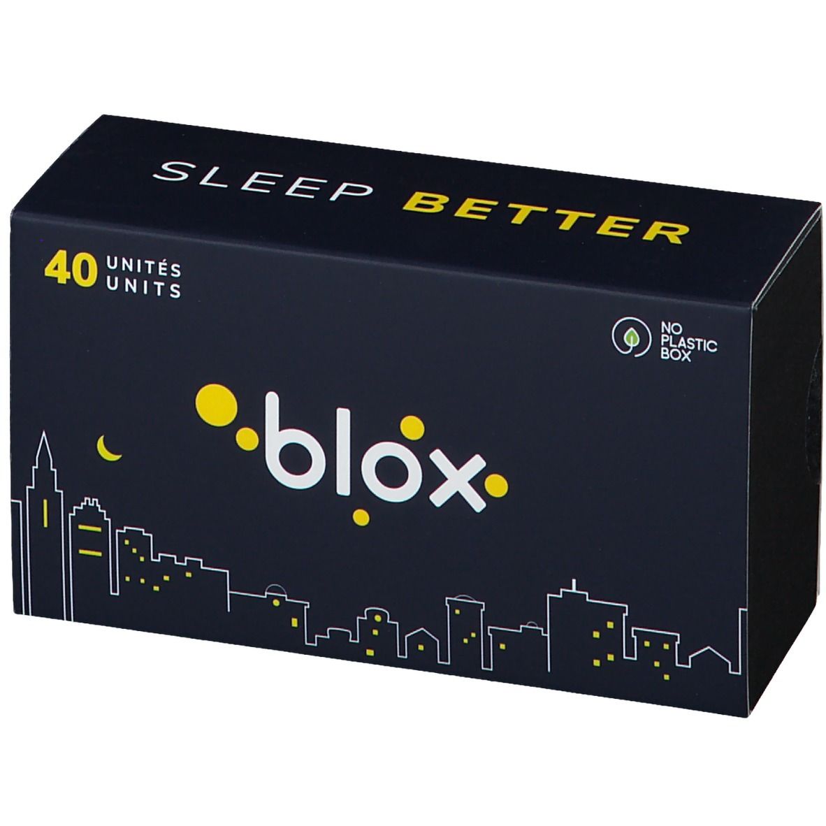 Boîte bleue nuit avec texte jaune "SLEEP BETTER" et "40 UNITES". Logo "blox" et silhouette de ville.