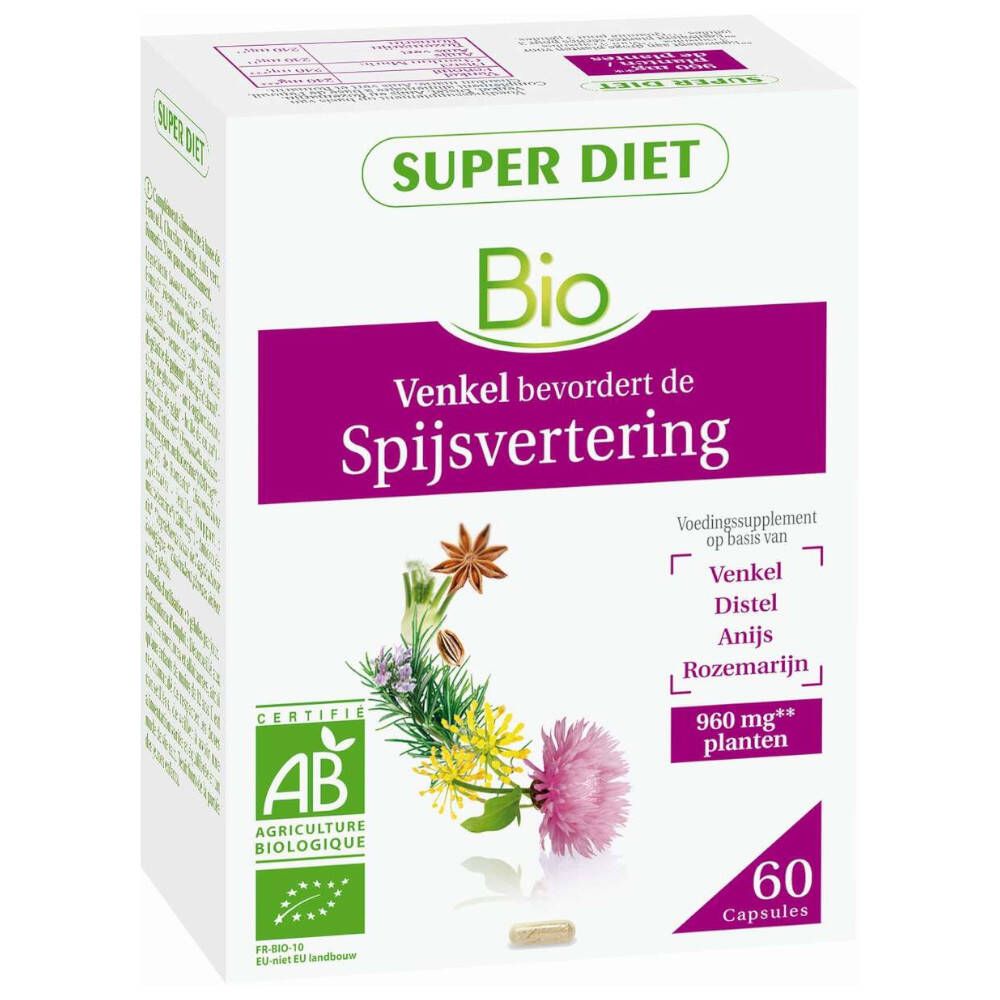 Boîte blanche "Super Diet Bio". Contient 60 gélules. Certification AB Bio. Texte en néerlandais.