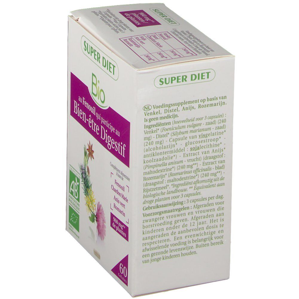 Boîte blanche avec texte en néerlandais. Contient des informations sur les ingrédients et l'utilisation. Certification AB Bio.