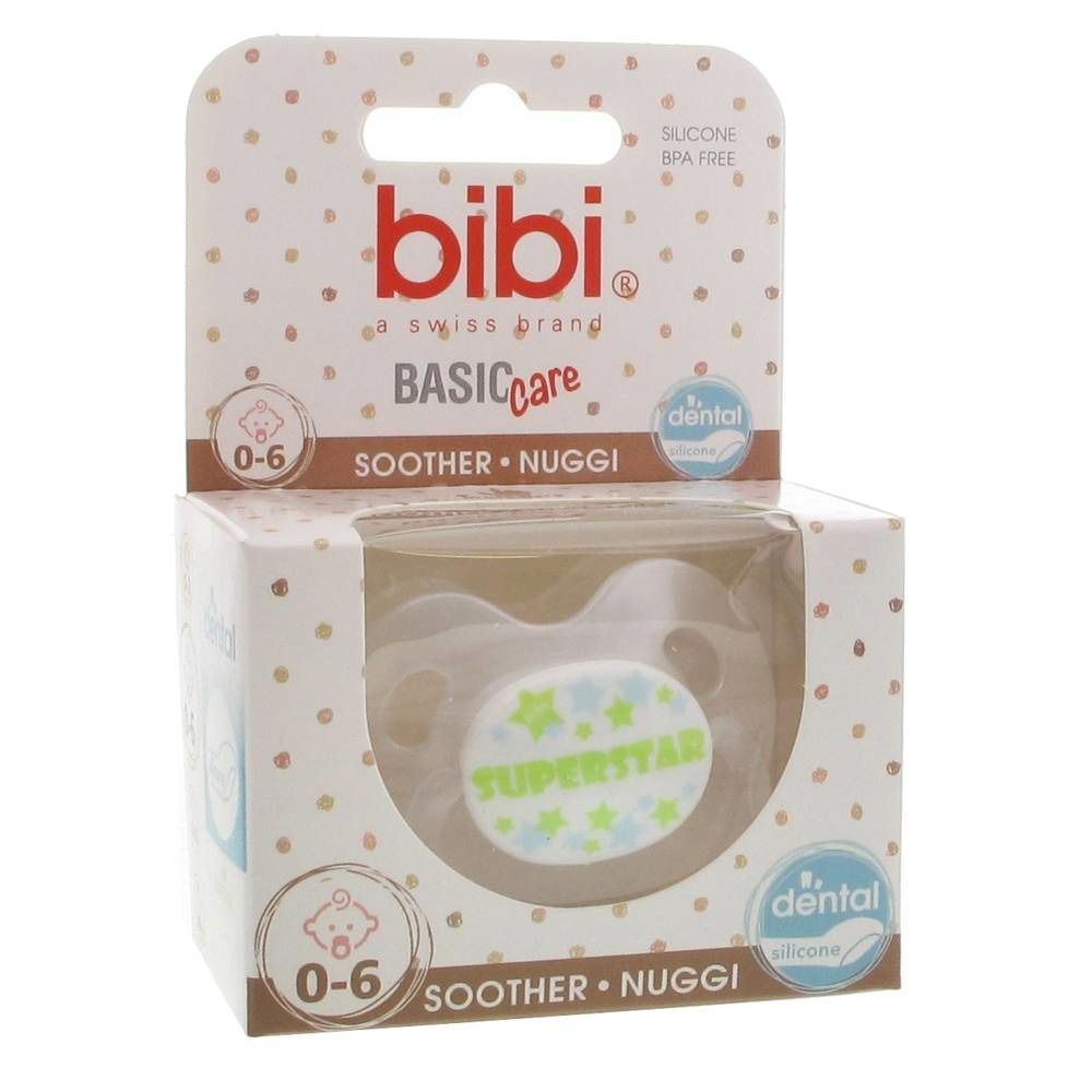 Sucette dans emballage. Marque: bibi. Inscription: Superstar, 0-6 mois. Emballage avec fenêtre. Silicone, sans BPA.