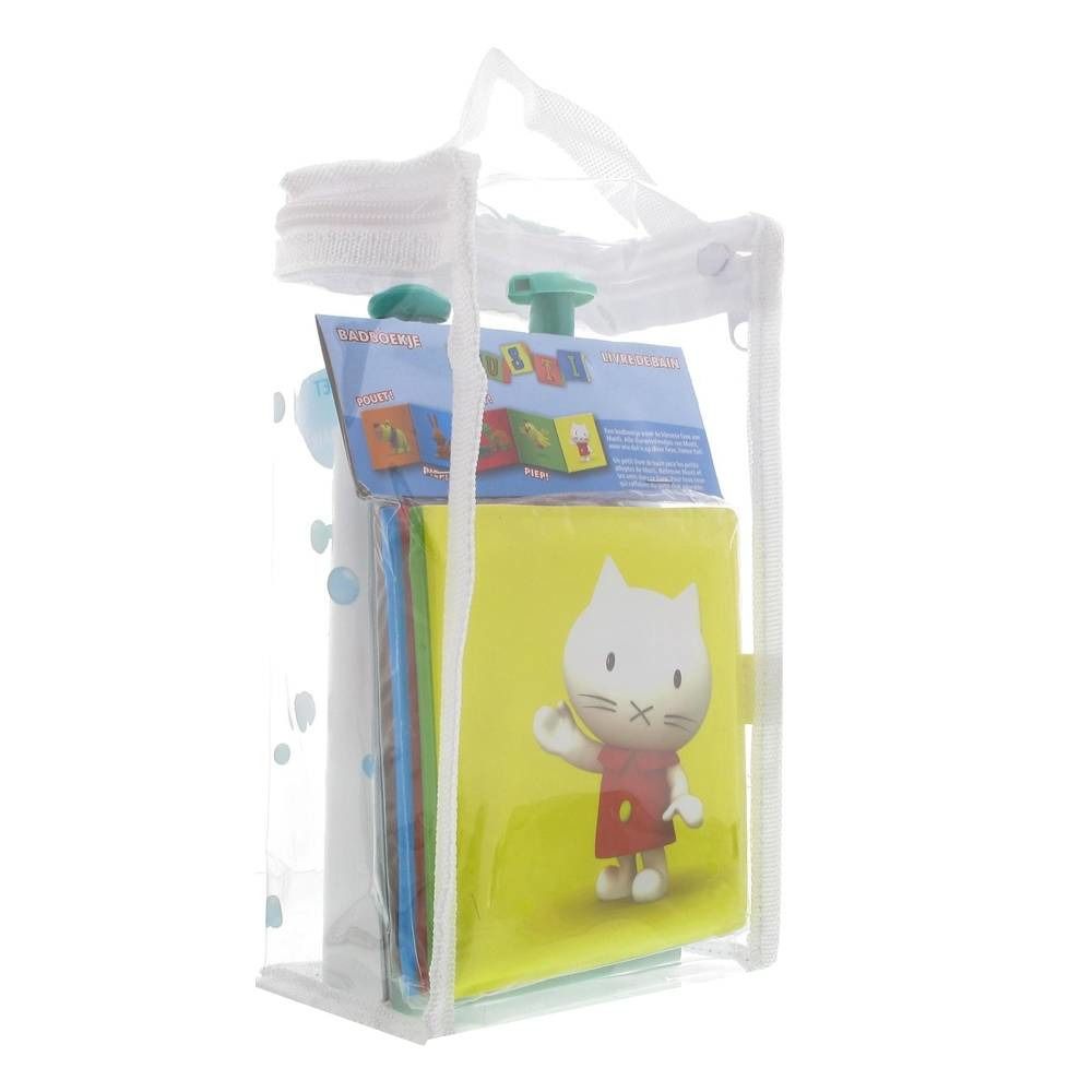 Sac transparent avec poignée, rempli de produits. Contient des lingettes colorées et un livre jaune avec un chat.
