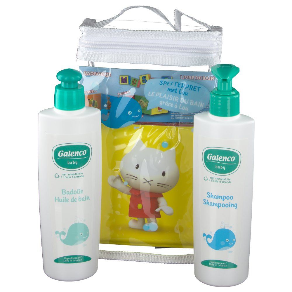 Sac transparent avec produits. Contient deux flacons Galenco Baby, huile de bain et shampooing, et une serviette jaune.