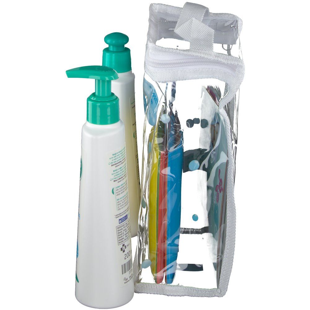 Sac transparent avec produits. Contient deux flacons Galenco Baby et des brosses colorées.