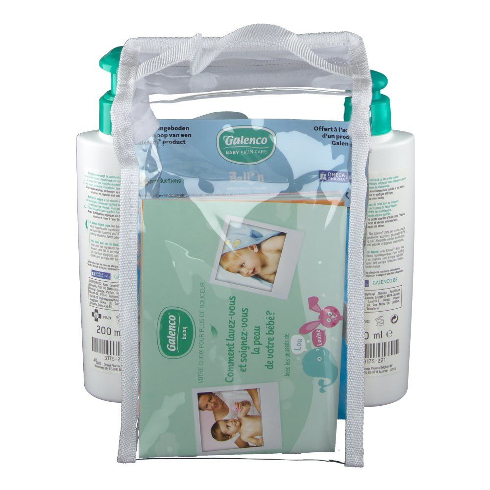 Sac transparent avec produits. Contient deux flacons Galenco Baby et une brochure avec des photos de bébés.