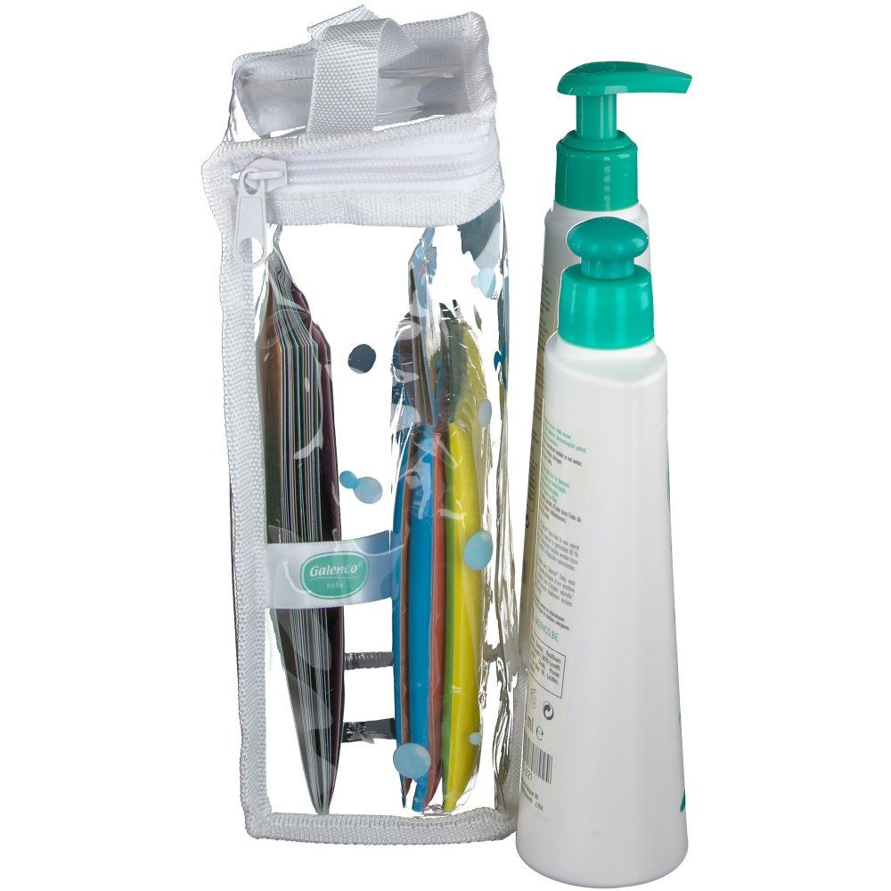 Sac transparent avec produits. Contient deux flacons Galenco Baby et des brosses colorées.