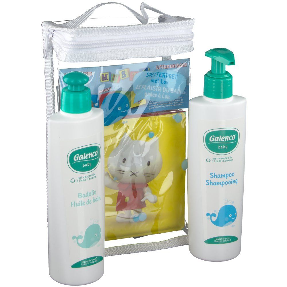 Sac transparent avec produits. Contient deux flacons Galenco Baby, huile de bain et shampooing, et une serviette jaune.