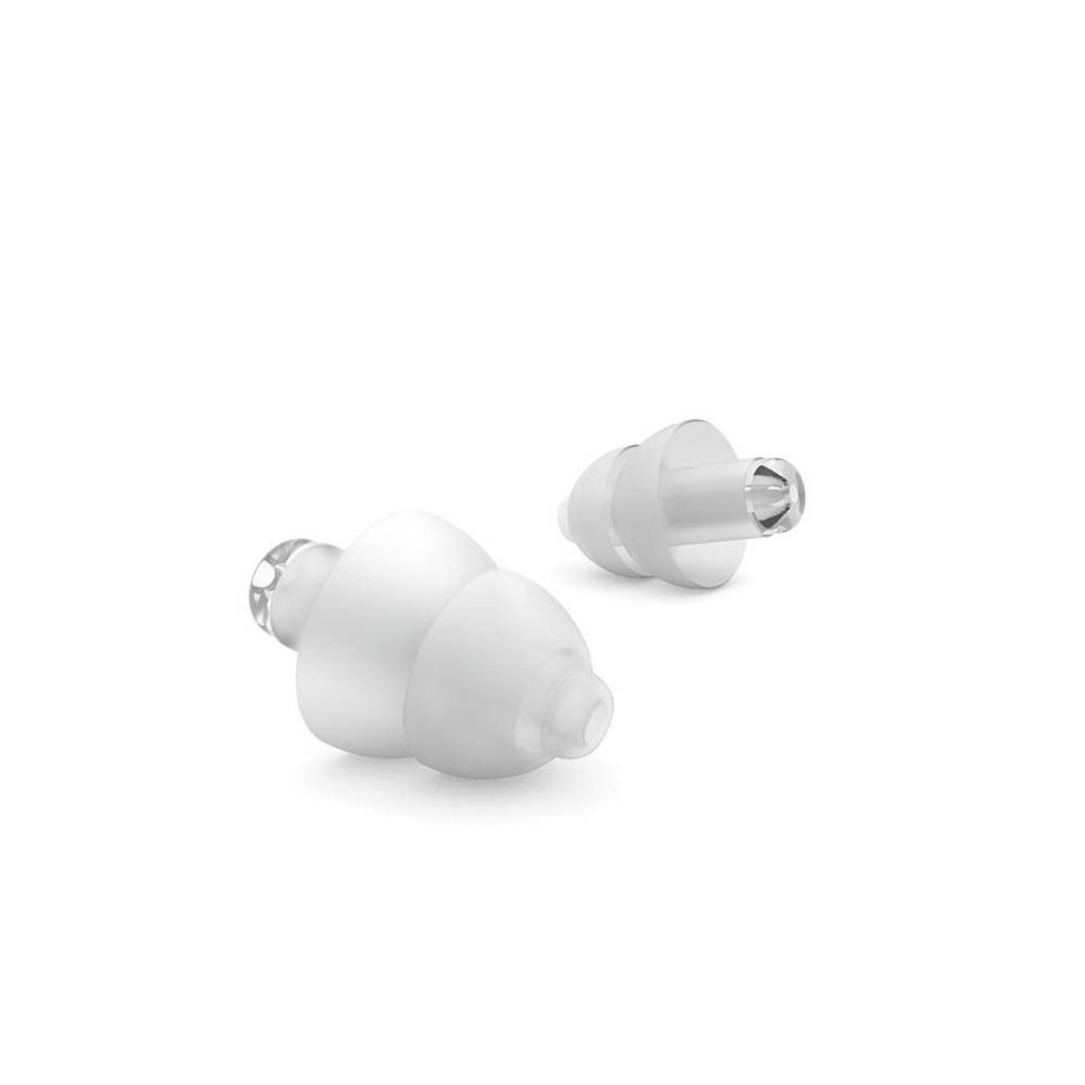 Deux bouchons d'oreille blancs. Ils ont un filtre transparent et une forme conique.
