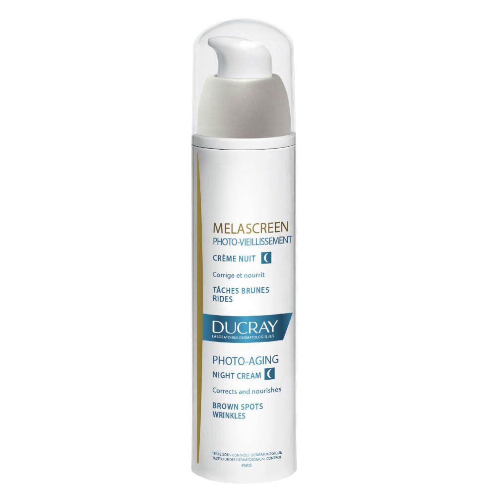 Crème de nuit DUCRAY MELASCREEN. Flacon blanc, bouchon doré. Inscriptions: MELASCREEN, PHOTO-VIEILLISSEMENT, CRÈME NUIT, DUCRAY, PHOTO-AGING.