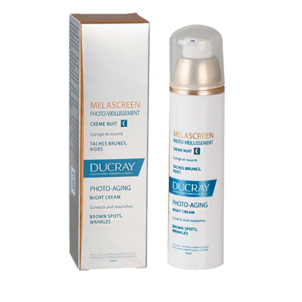 Crème de nuit DUCRAY MELASCREEN et emballage. Flacon blanc, boîte grise. Inscriptions: MELASCREEN, PHOTO-VIEILLISSEMENT, CRÈME NUIT, DUCRAY, PHOTO-AGING.