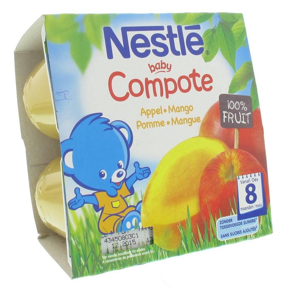 Emballage de compote pour bébé Nestle, saveur pomme-mangue. Contient quatre pots. Logo 100% fruit et illustration d'un ours bleu. Sans sucres ajoutés.