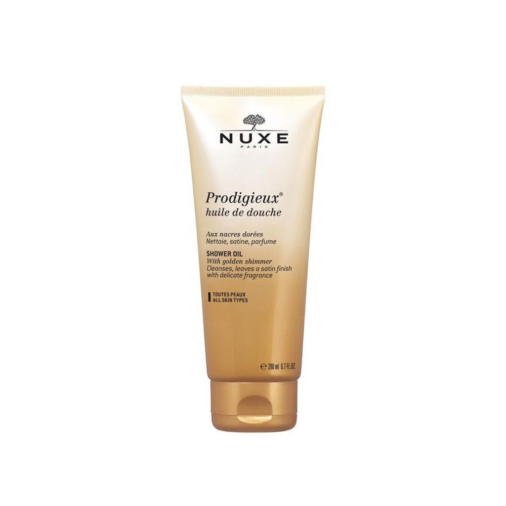 Tube Nuxe Prodigieux Huile de douche, nacres dorées. Pour tous types de peaux.