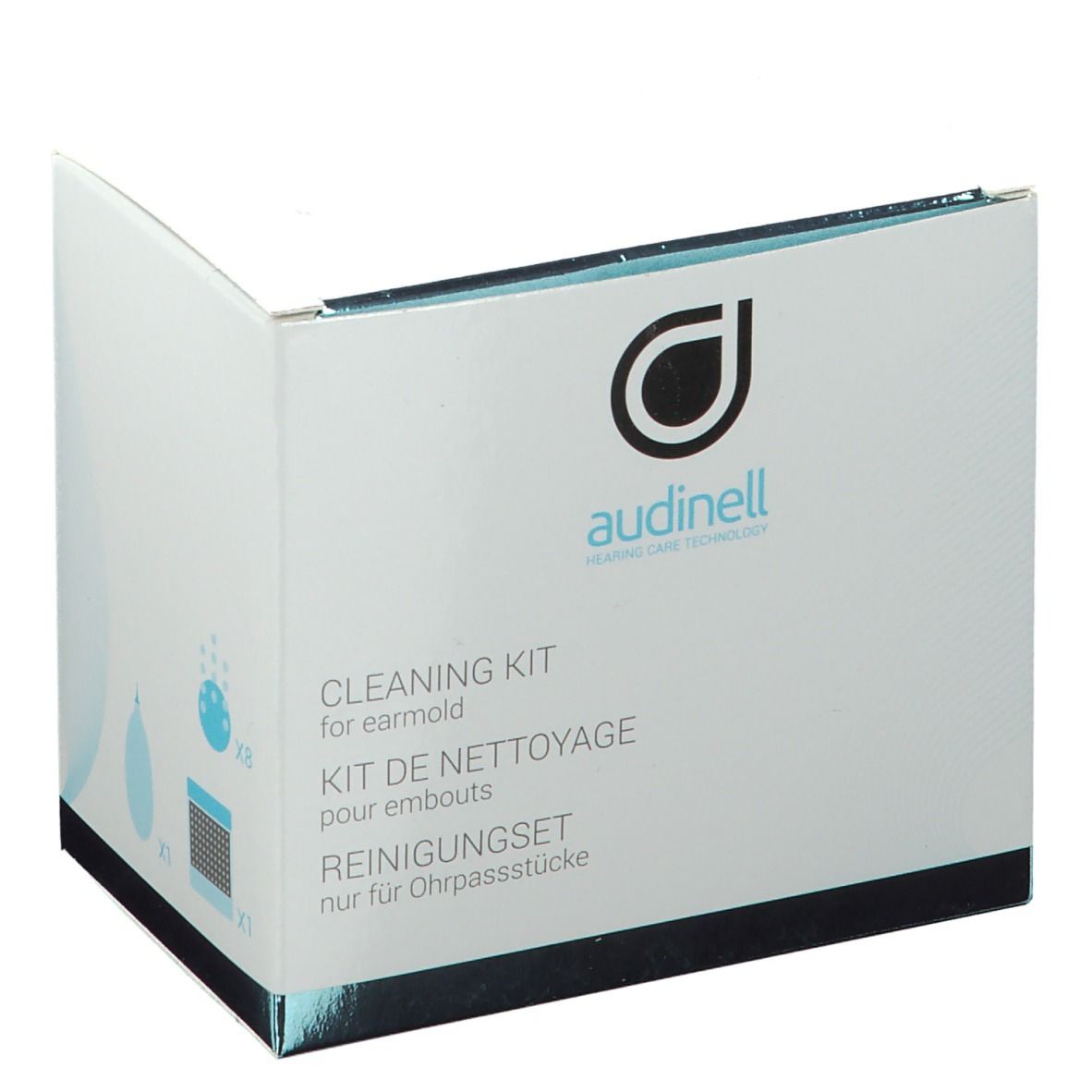 Boîte blanche avec logo et nom du produit. Inscriptions : Cleaning Kit, Kit de Nettoyage, Reinigungset. Pour embouts.