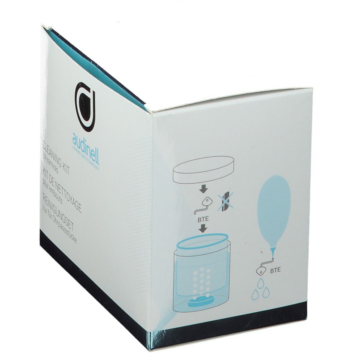 Boîte blanche avec logo et nom du produit. Illustrations de composants de nettoyage. Inscriptions : Cleaning Kit, Kit de Nettoyage, Reinigungset.