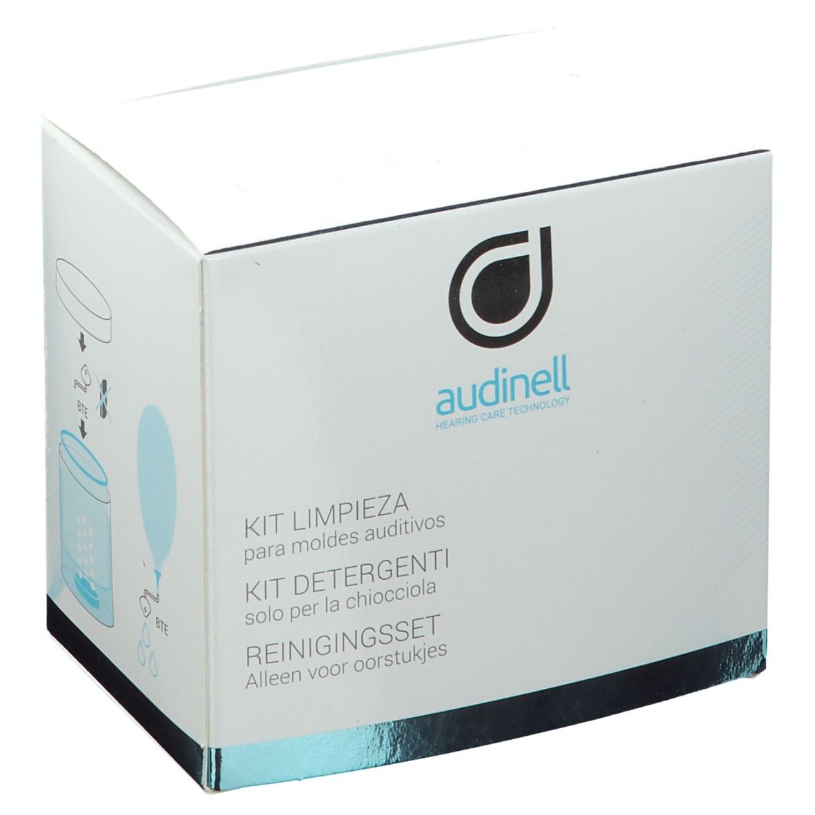 Boîte blanche avec logo et nom du produit. Inscriptions : Kit Limpieza, Kit Detergenti, Reinigungset. Pour les oreillettes.