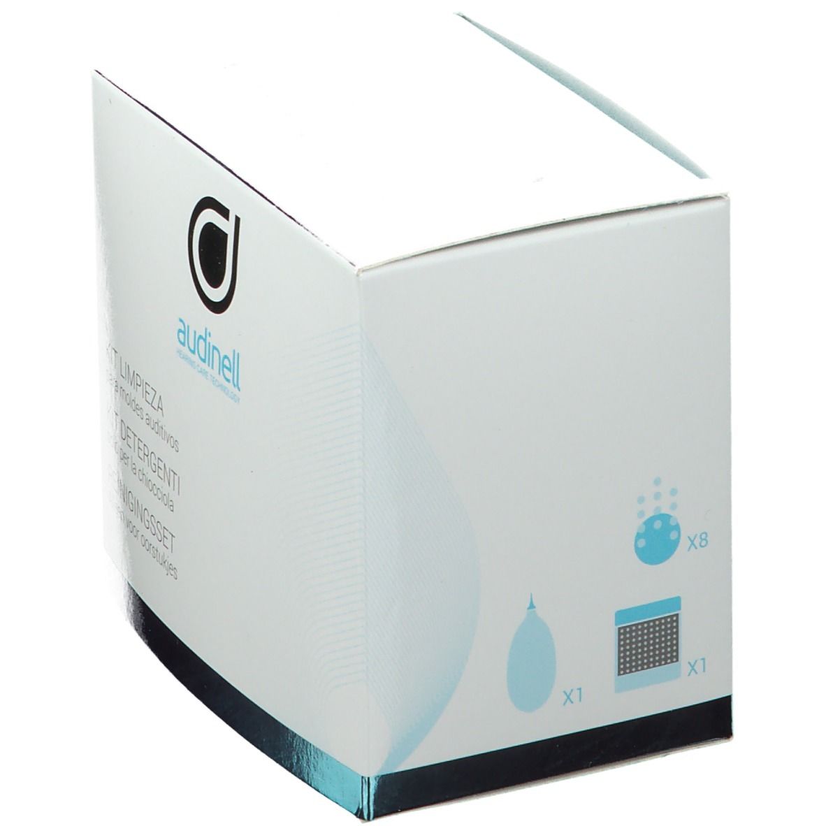 Boîte blanche avec logo et nom du produit. Illustrations de composants de nettoyage. Inscriptions : Kit Limpieza, Kit Detergenti, Reinigungset.