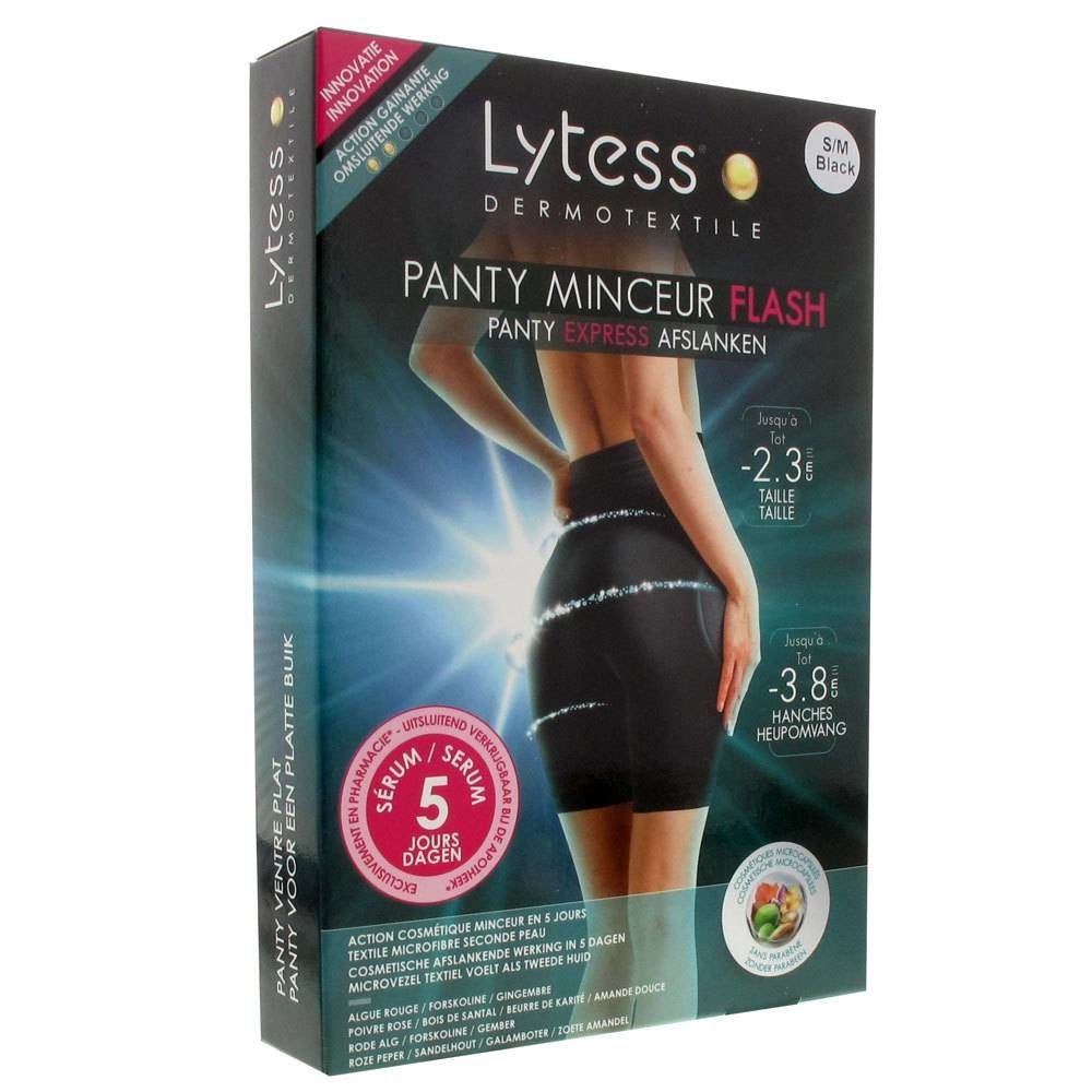 Boîte Lytess Flash Panty S/M noire. Inscription : Panty Minceur Flash, Sérum 5 jours. Femme portant le produit.