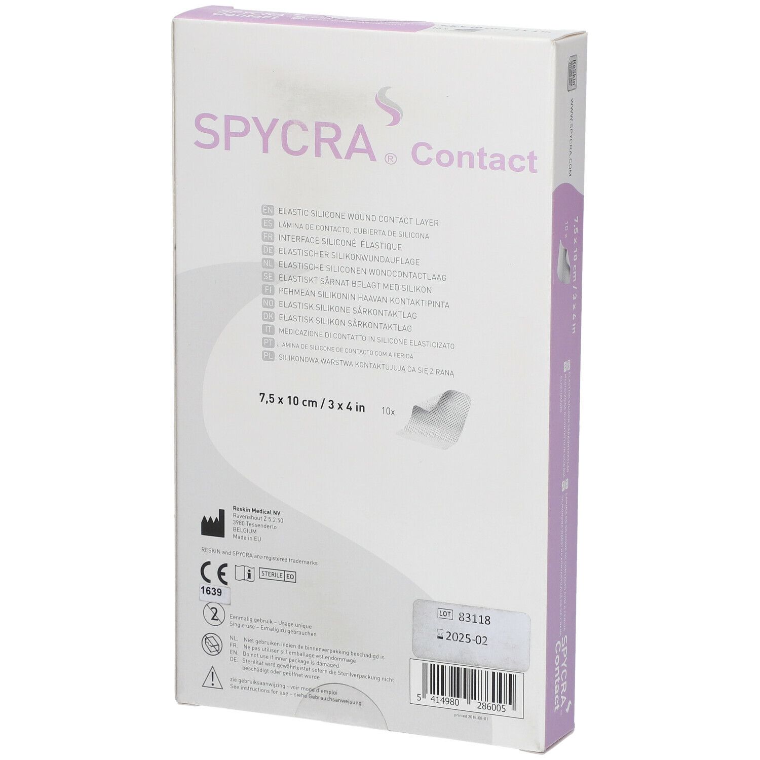 Dos de l'emballage SPYCRA Contact. Couche de contact élastique en silicone. Dimensions : 7,5 x 10 cm. Dispositif médical.