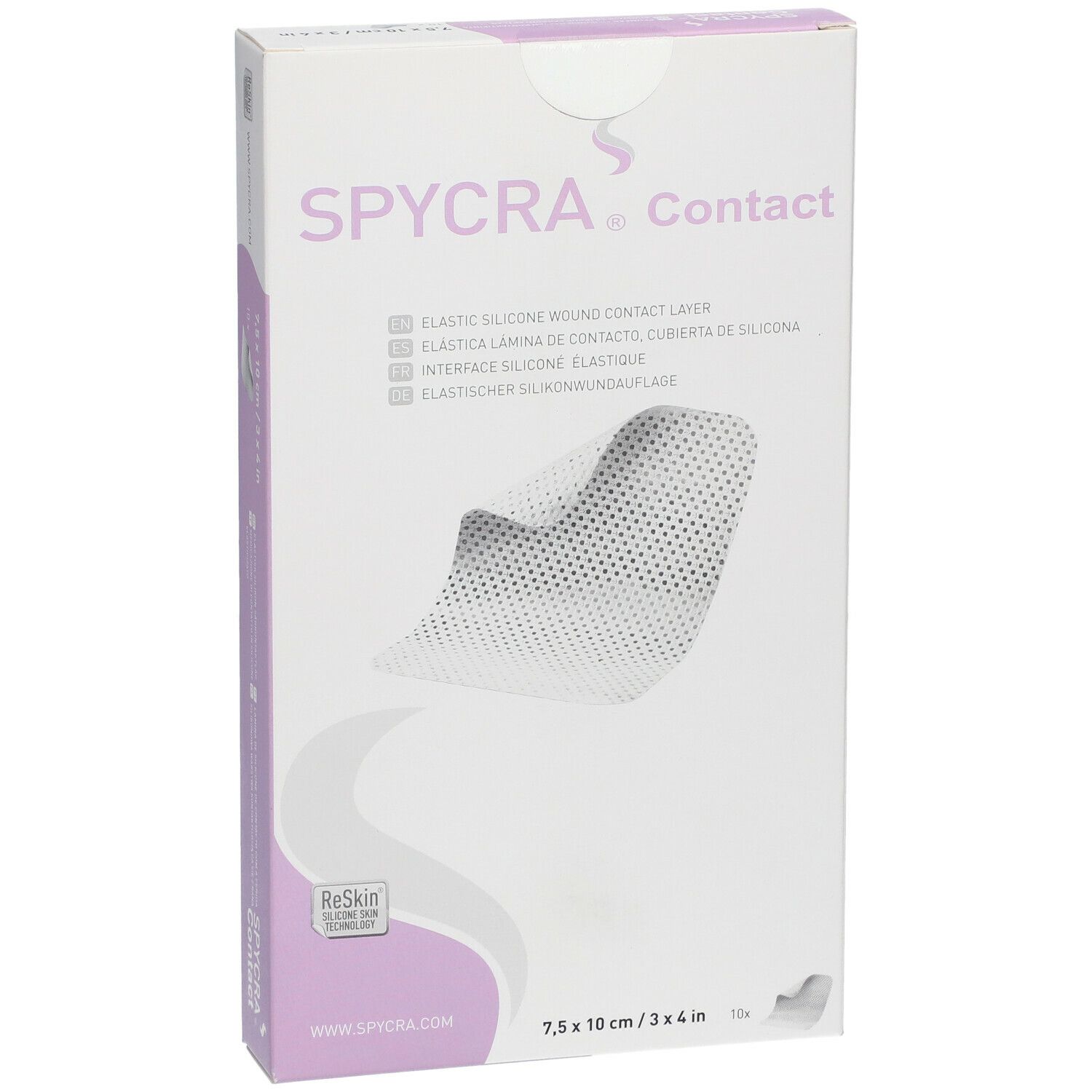 Emballage SPYCRA Contact. Couche de contact élastique en silicone. Dimensions : 7,5 x 10 cm. Vue du produit.