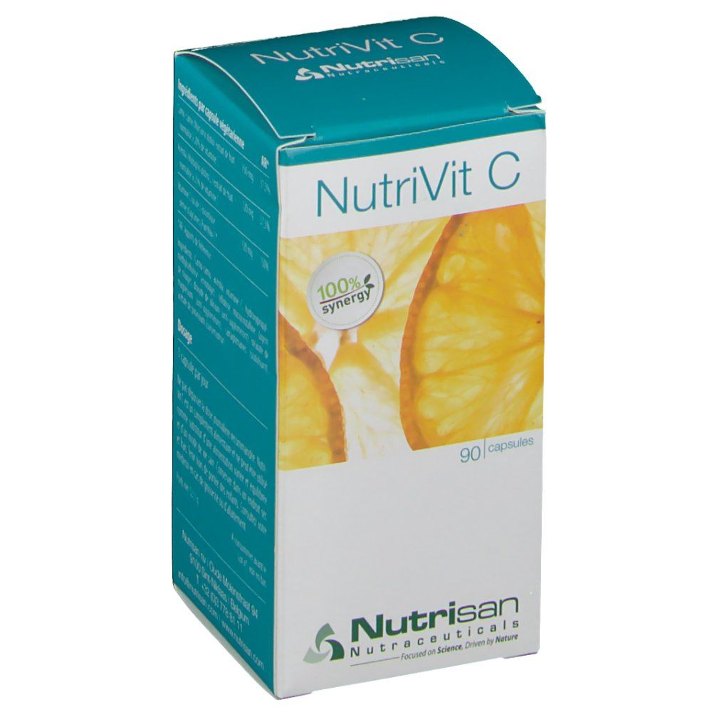 Boîte NutriVit C, 90 capsules. Texte NutriVit C, logo Nutrisan. Fond: tranches d'orange. Couleur dominante: turquoise.