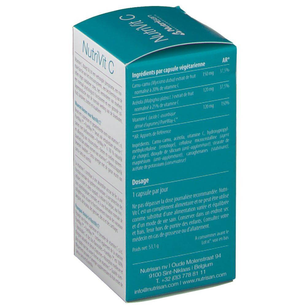 Dos de la boîte NutriVit C. Texte en allemand, français et néerlandais. Contient des informations sur les ingrédients et le dosage.