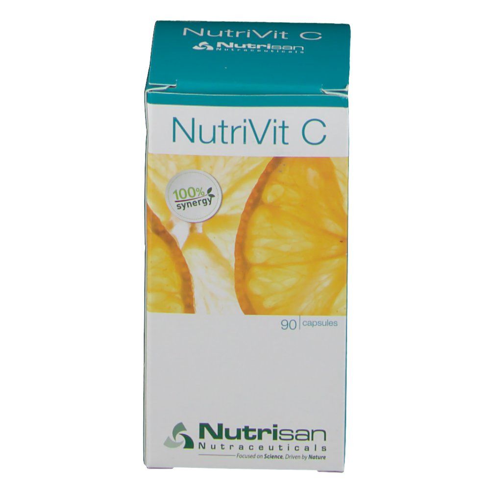 Boîte NutriVit C, 90 capsules. Texte NutriVit C, logo Nutrisan. Fond: tranches d'orange. Couleur dominante: turquoise.