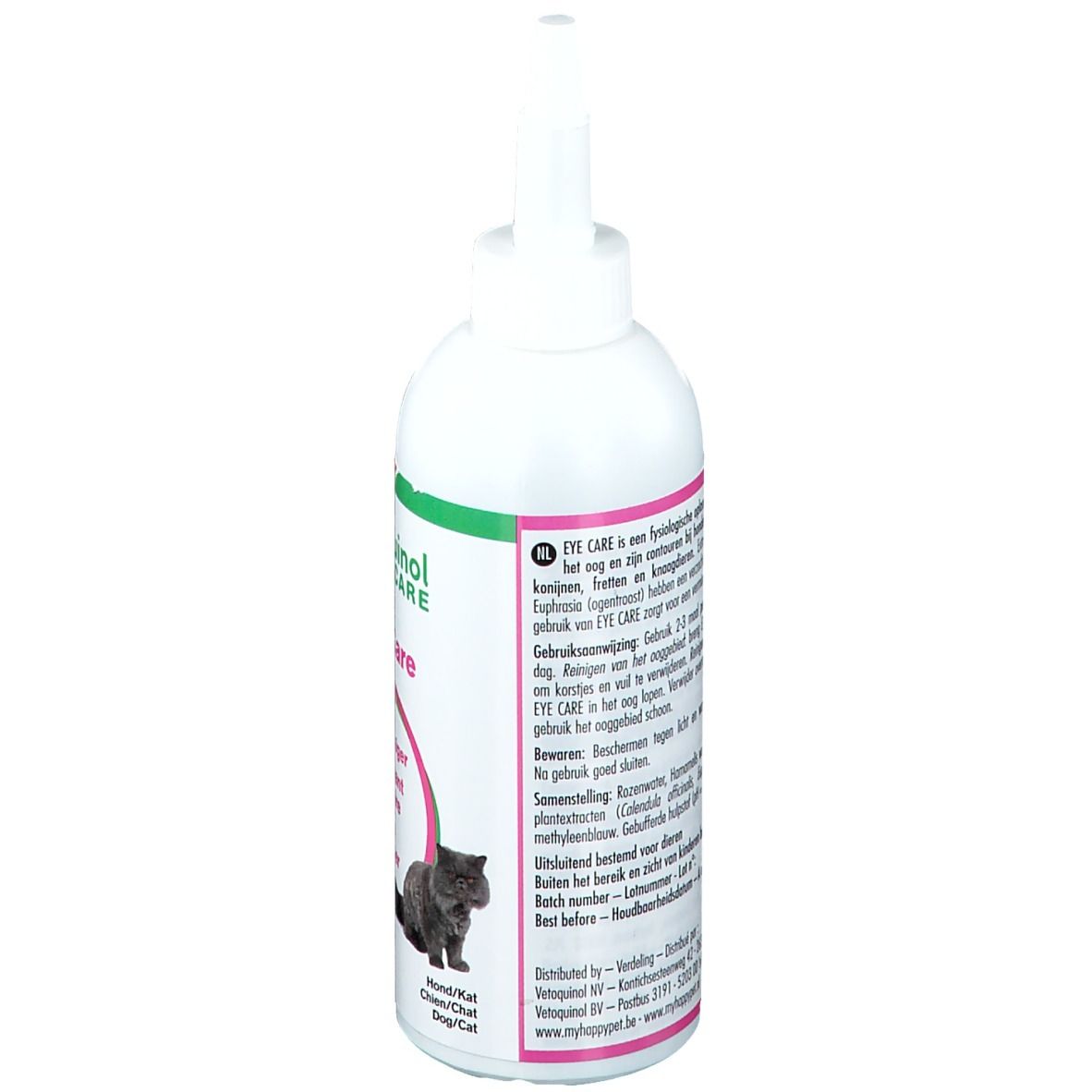 Dos du flacon blanc. Texte et illustration d'un chat. Extraits de texte en plusieurs langues. Informations et instructions sur le produit.